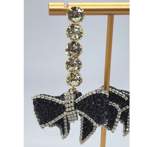 Bowknot Dangle Earrings Faux Crystal and Rhinestones Black Sparkle Party Prom - Picture 2 of 3